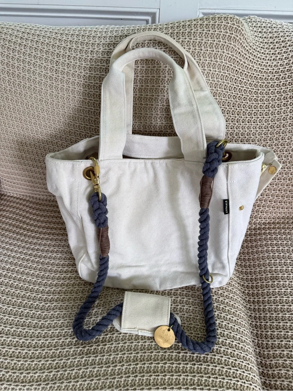 FMA Found My Animal Dog Cat Pet Cotton Canvas Tote Bag with Navy Rope Strap